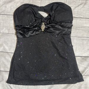Y2K Trixxi Womens Black Sparkle Rhinestone Bow Strapless Going-Out Top Size M